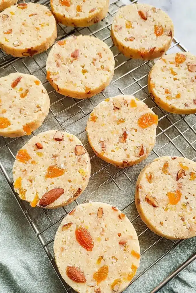 Apricot Almond Shortbread Cookies cooling on a wire rack