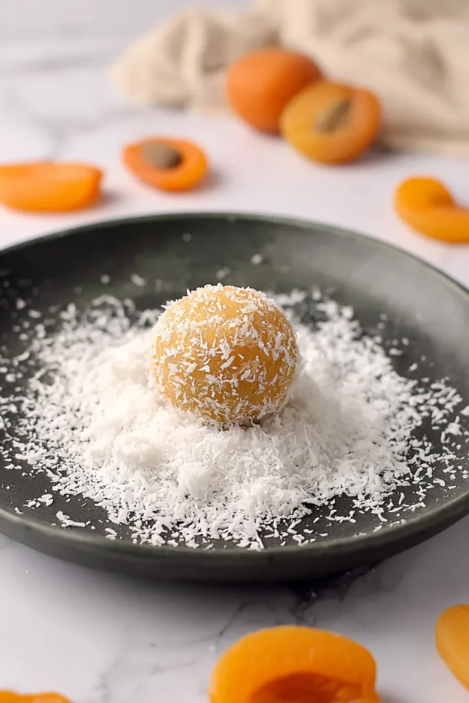 Apricot Bliss Balls coated in coconut on a ceramic plate