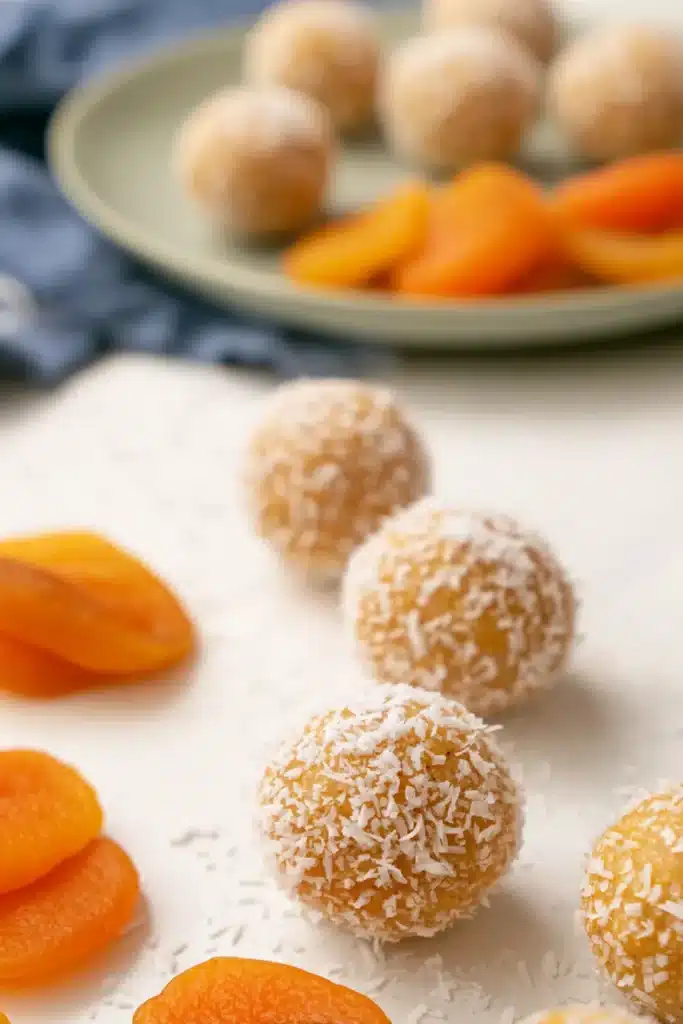 Apricot Bliss Balls coated with coconut on a marble surface