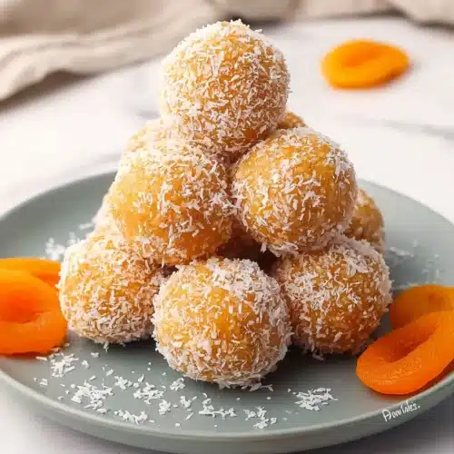 Apricot Bliss Balls coated in coconut on a ceramic plate