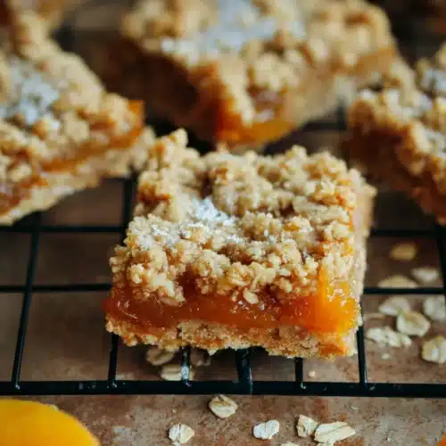 Apricot Oatmeal Crumble Bars Recipe 4 Apricot oatmeal crumble bars with buttery oat topping and glossy apricot filling on a cooling rack