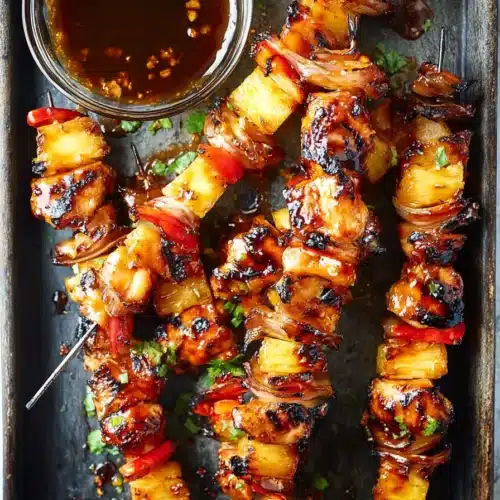 BBQ pineapple chicken kabobs with grilled chicken, pineapple, and smoky barbecue glaze
