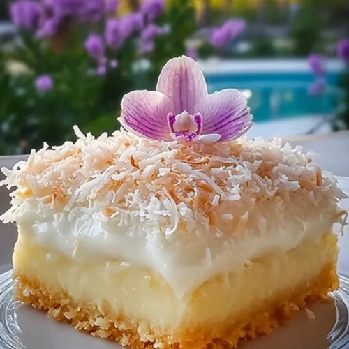 Catch a Husband Cake slice topped with shredded coconut and creamy custard layers