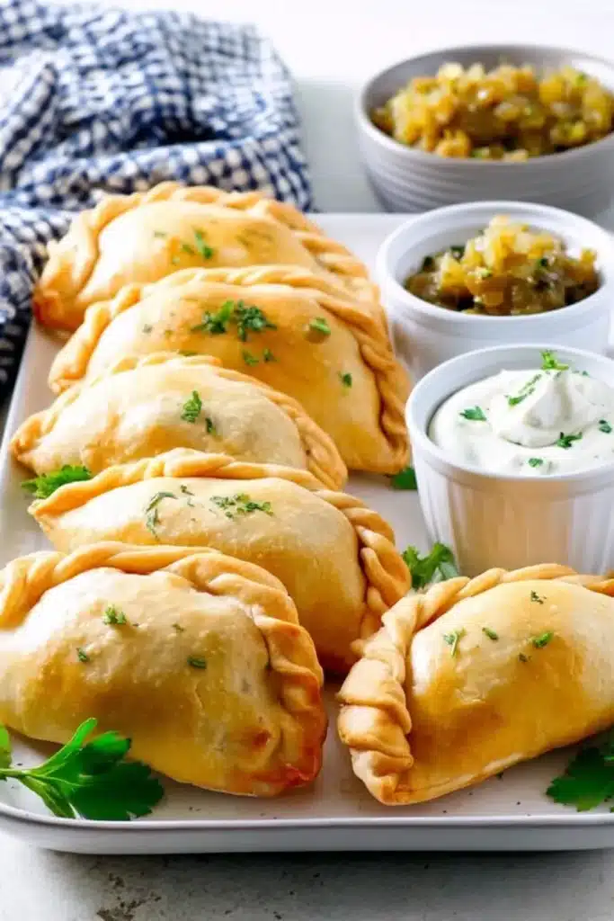 Chicken empanadas with crispy golden crust and shredded filling on plate