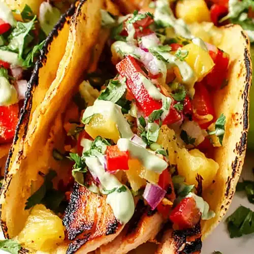 Chili lime chicken tacos with pineapple salsa and avocado crema