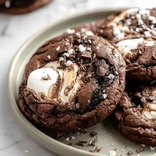 Chocolate Marshmallow Swirl Cookies 6 Chocolate Marshmallow Swirl Cookies stacked on a plate with gooey marshmallow filling