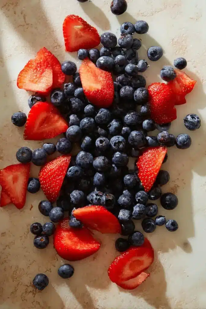 4th of July Fruit Pizza 2 Close up of 4th of July Fruit Pizza with strawberries blueberries and cream frosting