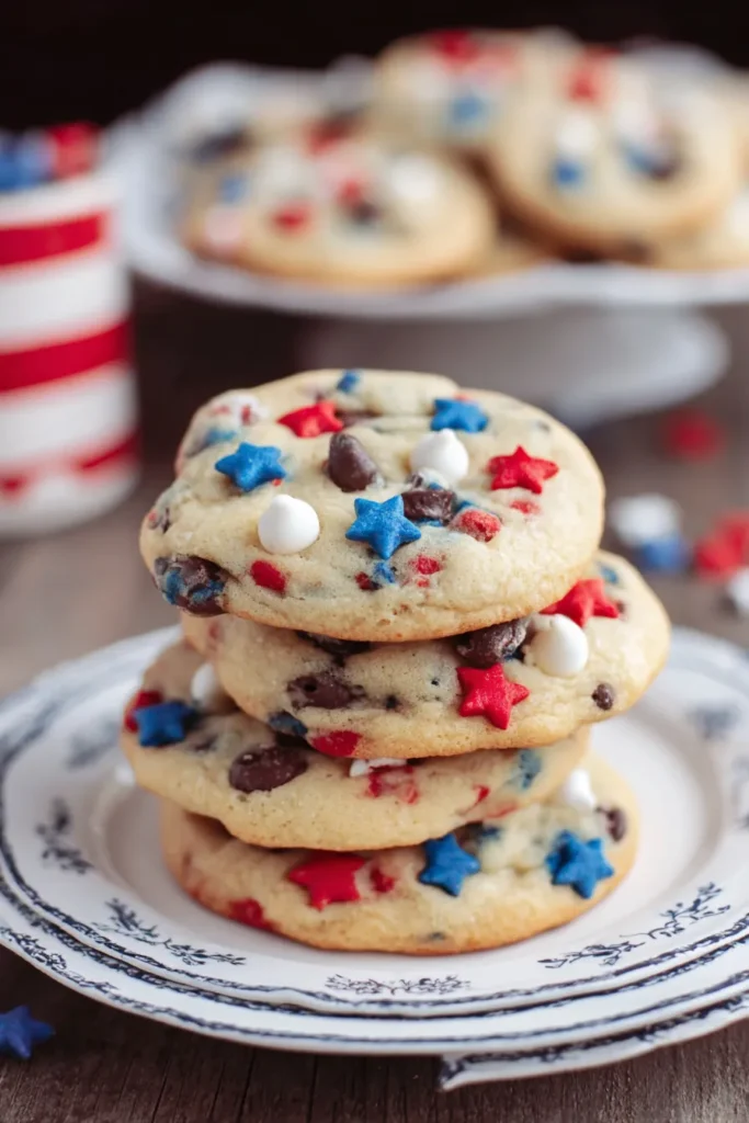 July Cookies 2 Close up of July Cookies with chocolate chips patriotic candy stars and festive sprinkles
