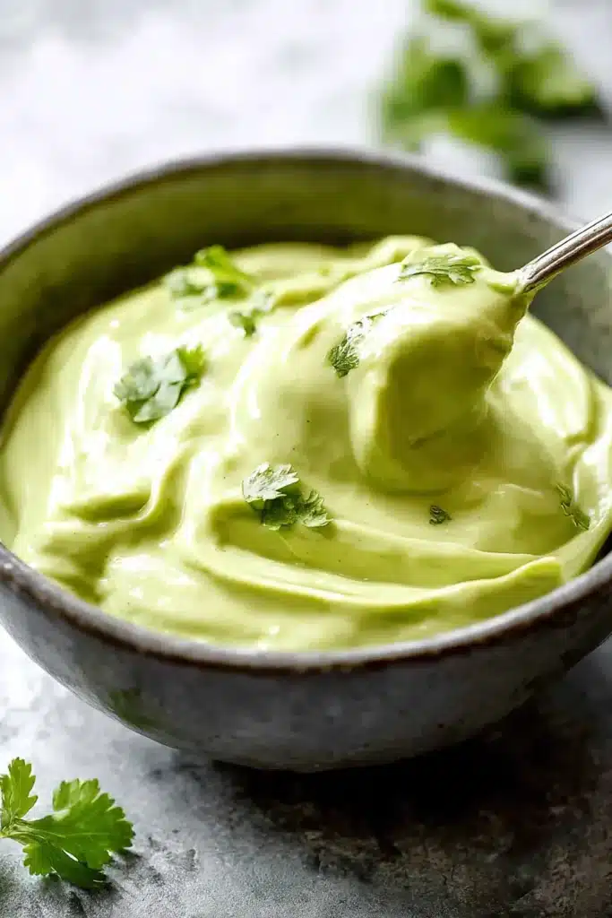 Creamy avocado crema for chili lime chicken tacos