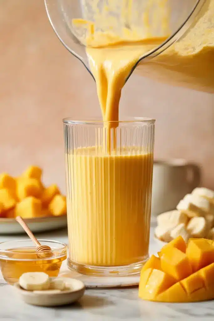 Mango Coconut Milk Smoothie pouring into glass with creamy tropical texture