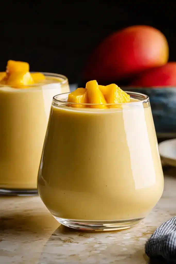 Creamy Mango Smoothie topped with frozen mango chunks in glasses