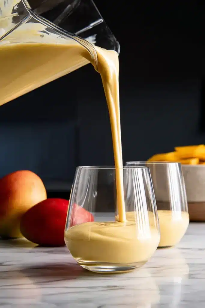 Mango Smoothie pouring into a glass with thick creamy texture