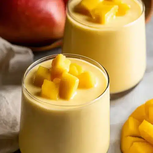 Creamy mango smoothie in glasses topped with frozen mango chunks
