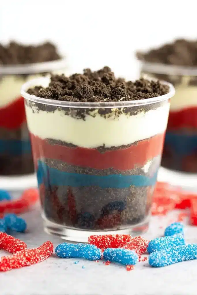 Red White and Blue Dirt Cups layered with Oreo crumbs and patriotic pudding