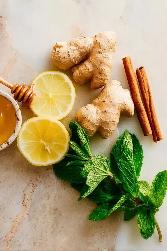 Ginger Tea Recipe for a Warm and Soothing Drink 2 Fresh Ginger Tea ingredients with lemon, mint, cinnamon, and honey