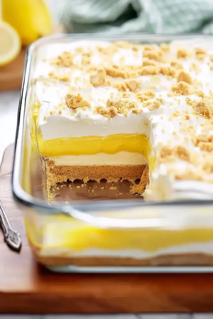 Heavenly Lemon Oreo Dessert: Creamy, Refreshing, and Easy No Bake Treat 2 Heavenly Lemon Oreo Dessert layered in a glass baking dish with creamy lemon filling