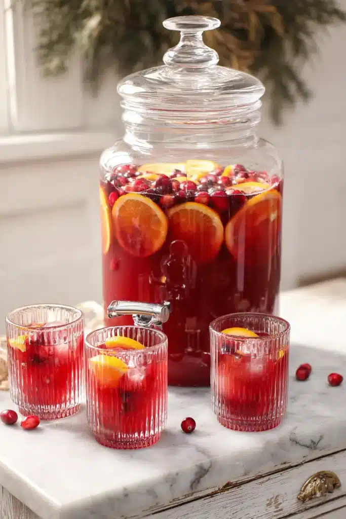 Holiday Punch Recipe served in a beverage dispenser with cranberries and orange slices