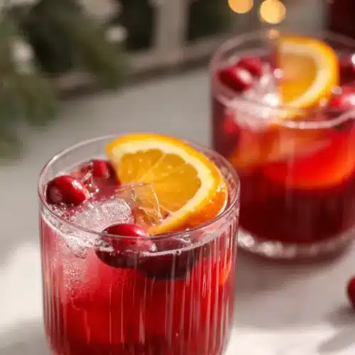 Holiday punch with cranberries, orange slices, and ice in festive glasses