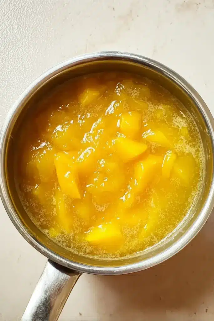 Homemade Mango Iced Tea That Tastes Fresh and Tropical 2 Homemade Mango Iced Tea mango mixture simmering in a saucepan