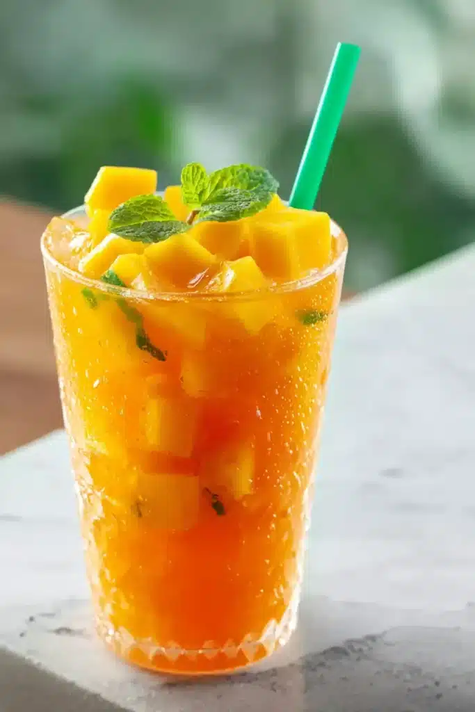 Homemade Mango Iced Tea That Tastes Fresh and Tropical 1 Homemade Mango Iced Tea served over ice with mango and mint