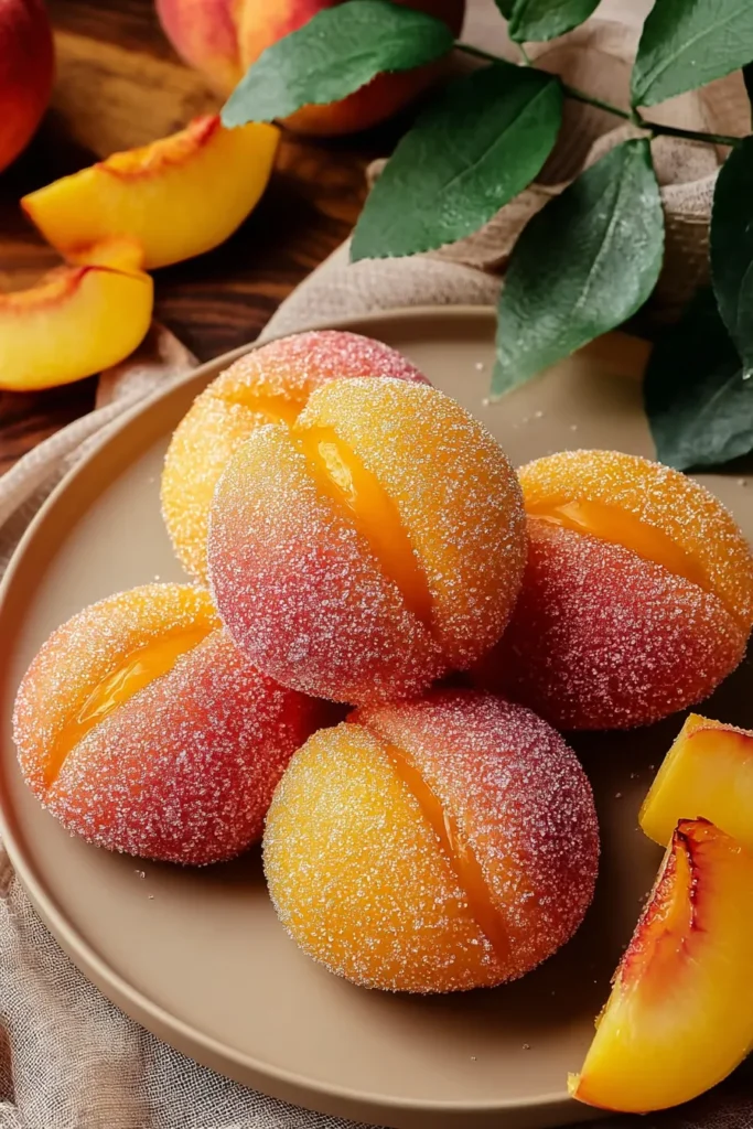 Close up of Italian Peach Cookies with creamy pastry filling and sugar coating