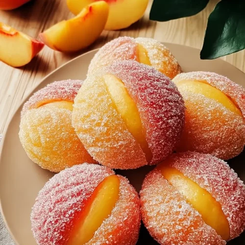Italian Peach Cookies coated in sugar with creamy filling on a rustic dessert plate