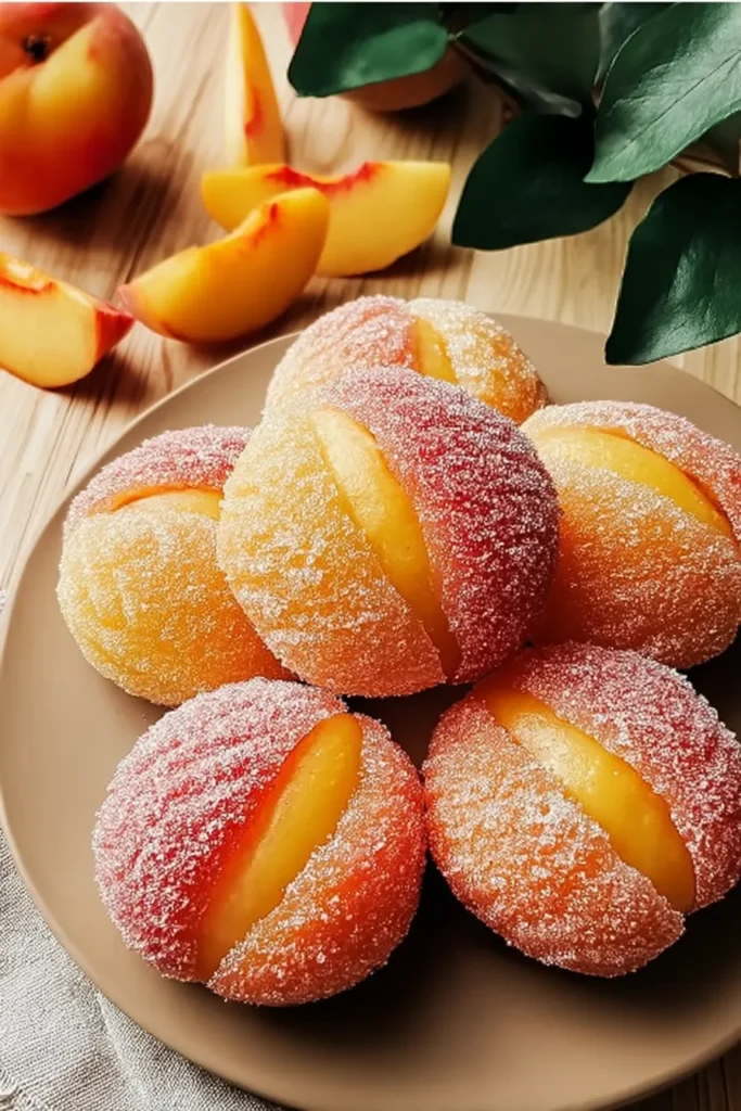 Italian Peach Cookies coated in sugar with creamy filling on a rustic dessert plate