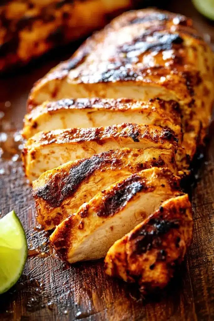 Chili lime grilled chicken sliced with charred edges and juicy texture