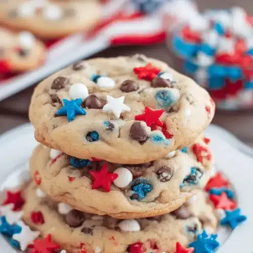 July Cookies 3 Stack of July Cookies with patriotic candy stars and chocolate chips on a dessert plate
