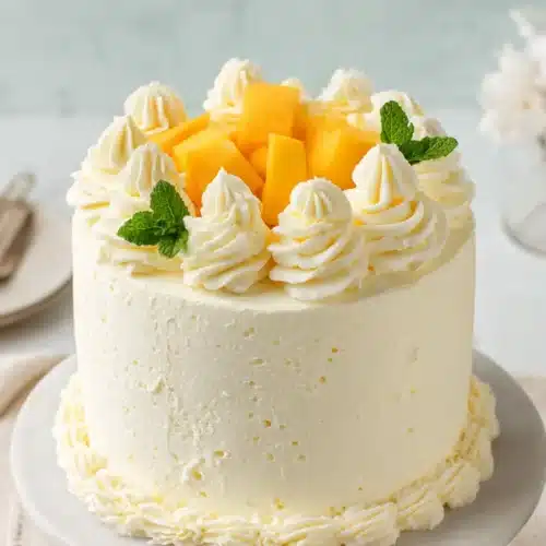 Mango Cake 6 Mango cake with whipped cream frosting and fresh mango topping