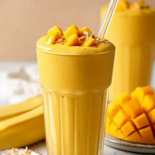Creamy mango coconut milk smoothie topped with fresh mango chunks in tall glasses