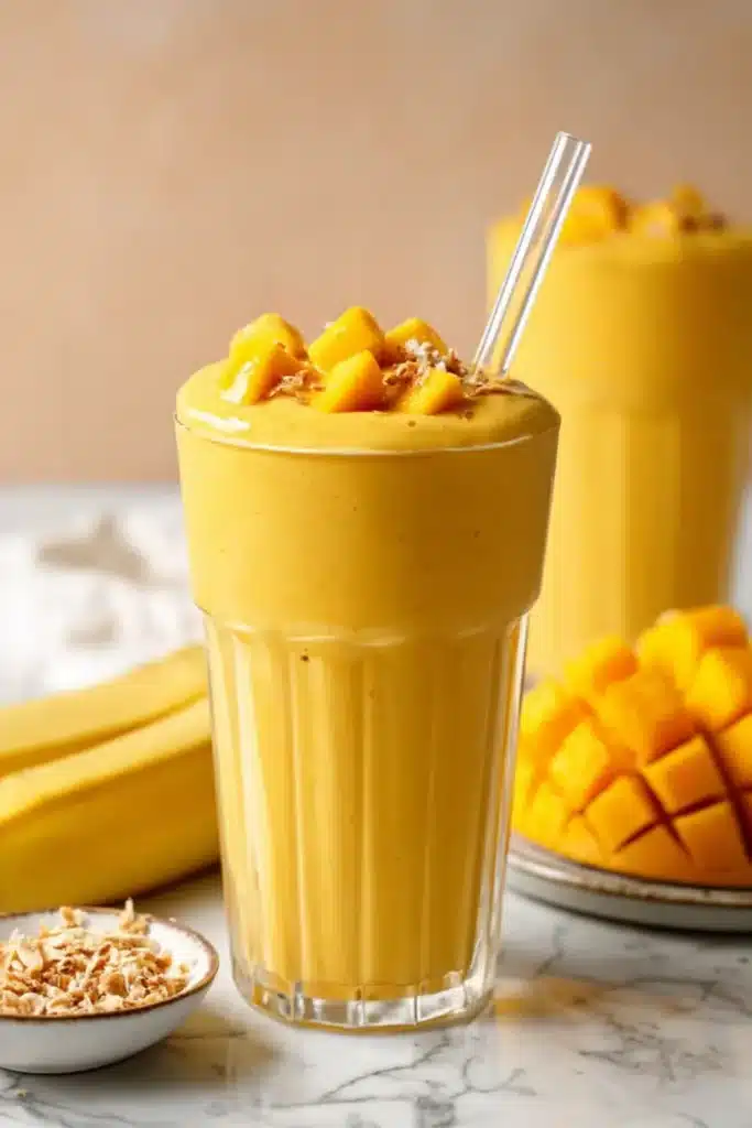 Creamy mango coconut milk smoothie topped with fresh mango chunks in tall glasses
