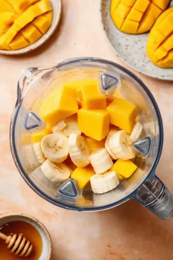 Mango Coconut Milk Smoothie ingredients inside blender before blending