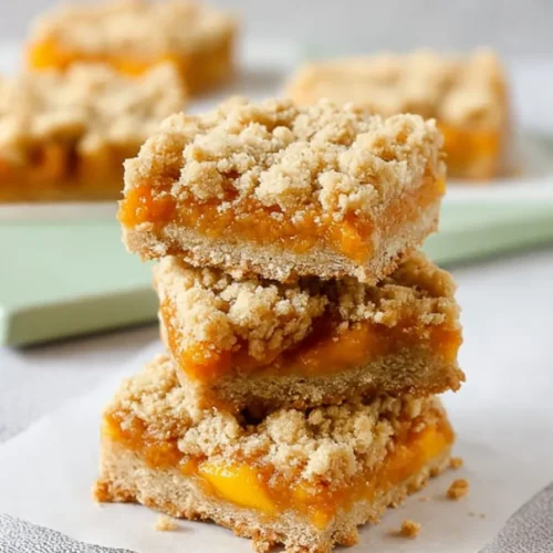 Stacked Mango Crumb Bars with buttery crumble topping and juicy tropical mango filling