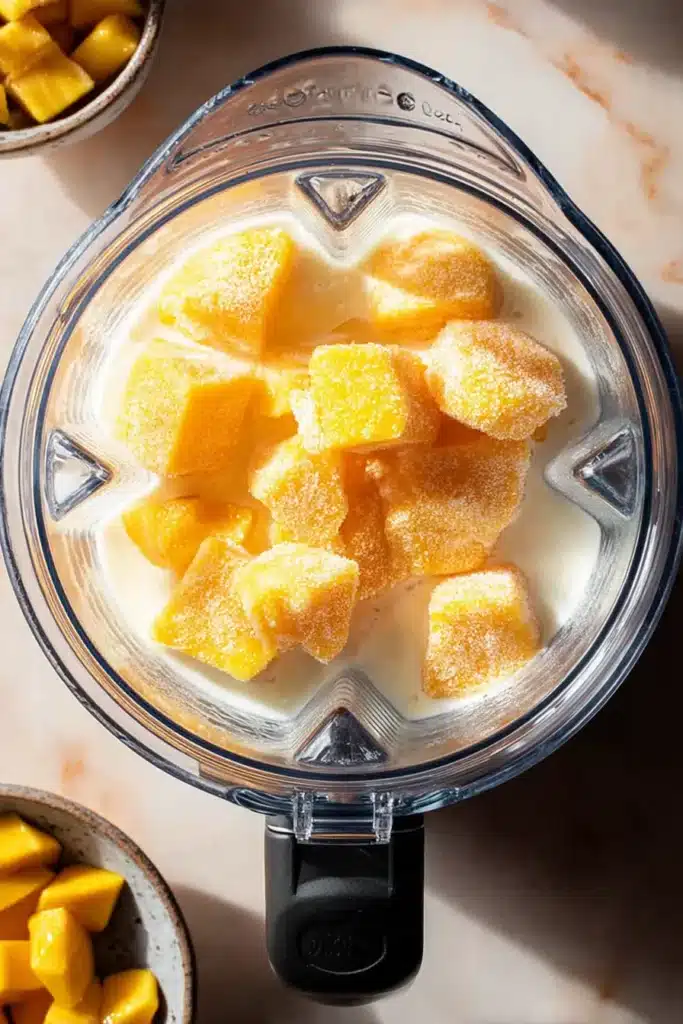 Mango Smoothie ingredients with frozen mango in a blender