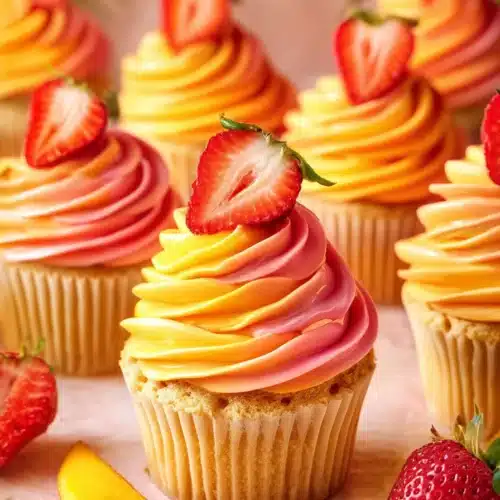 Mango Strawberry Sunset Cupcakes 3 Mango Strawberry Sunset Cupcakes with colorful tropical frosting and fresh strawberries