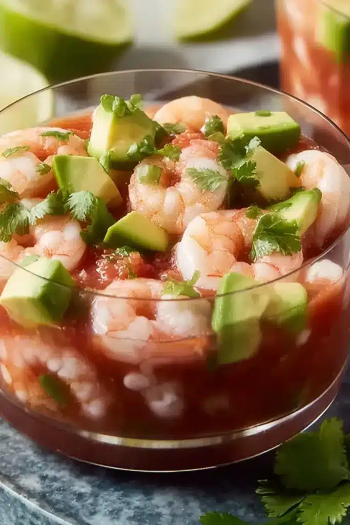 Mexican shrimp cocktail with avocado cilantro and tomato sauce in bowl