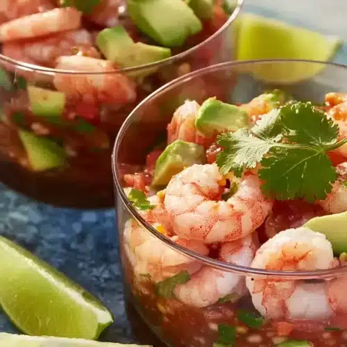 Mexican shrimp cocktail with avocado and lime in glass cups