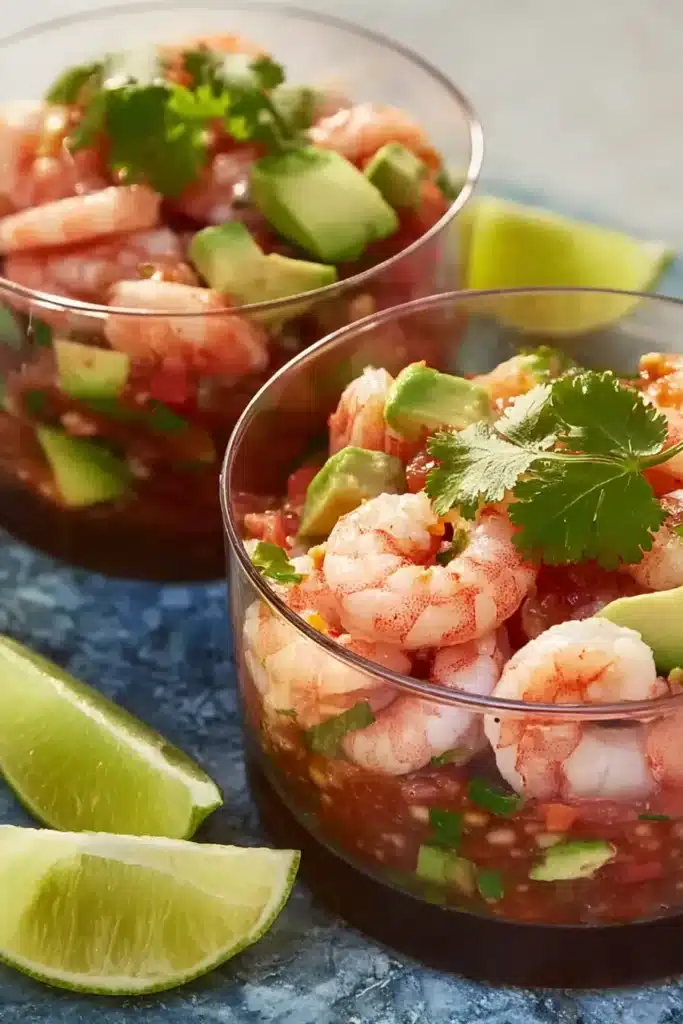 Mexican shrimp cocktail with avocado and lime in glass cups