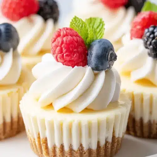 Mini Cheesecake Cups 4 Mini Cheesecake Cups topped with whipped cream, raspberries, blueberries, and mint leaves