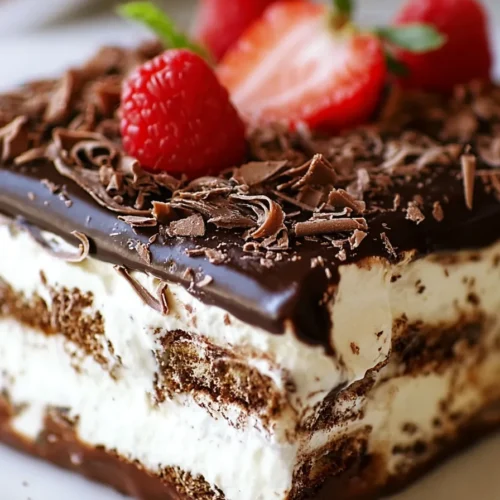 No Bake Chocolate Eclair Cake topped with berries and chocolate curls