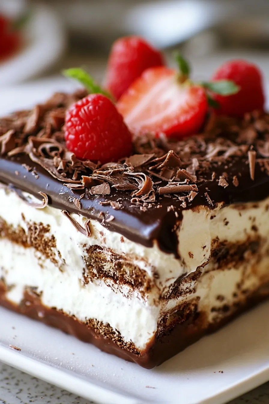 NO BAKE CHOCOLATE ECLAIR CAKE