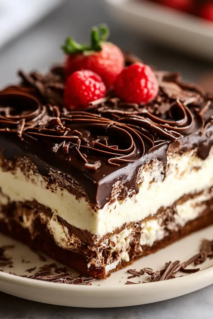 No Bake Chocolate Eclair Cake slice with creamy layers and chocolate topping