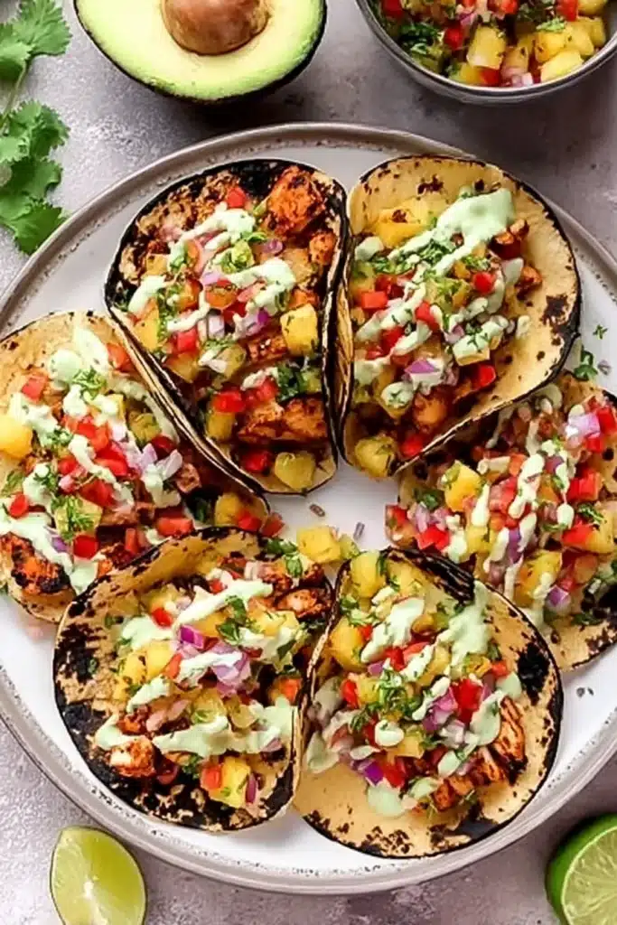 Chili lime chicken tacos with pineapple salsa on charred tortillas overhead