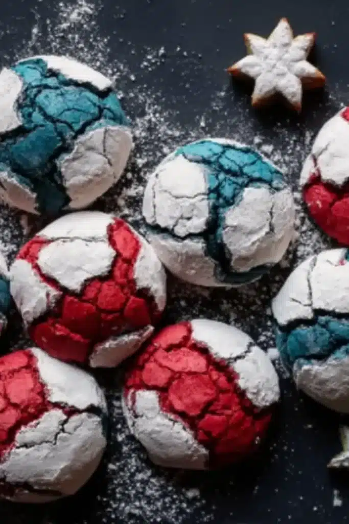 Patriotic Crinkle Cookies dough balls coated in powdered sugar