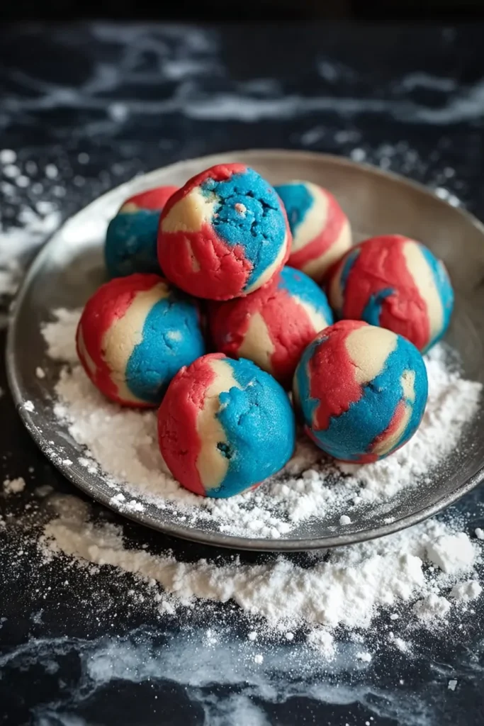 Patriotic Crinkle Cookies dough in red white and blue bowls
