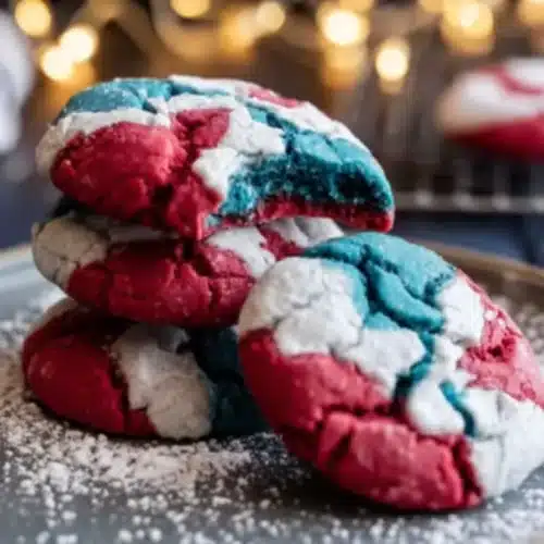 Patriotic crinkle cookies with red white and blue swirls on a plate