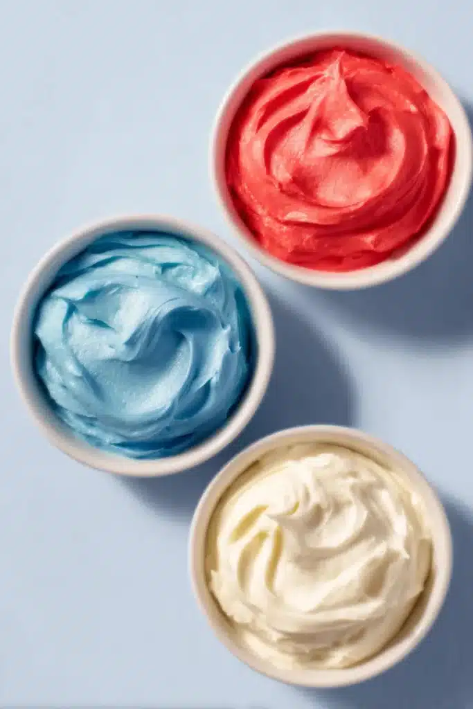 Patriotic Cupcakes 4 Patriotic Cupcakes buttercream frosting in red white and blue bowls
