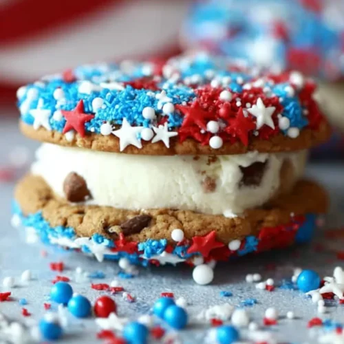 Patriotic Ice Cream Sandwiches 6 Patriotic Ice Cream Sandwiches with vanilla ice cream and red white blue sprinkles
