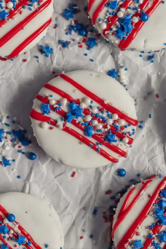 Oreos Dipped in White Chocolate with patriotic candy drizzle
